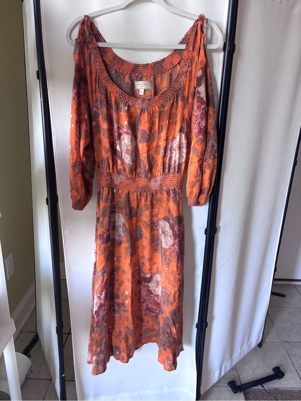 Anthropologie Moulinette Soeurs Orange and Mauve Floral 100% Silk Midi Dress